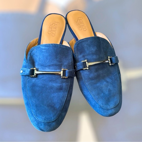 Franco Sarto Leather Suede Horsebit Mules Blue Sz 8 - Picture 2 of 5